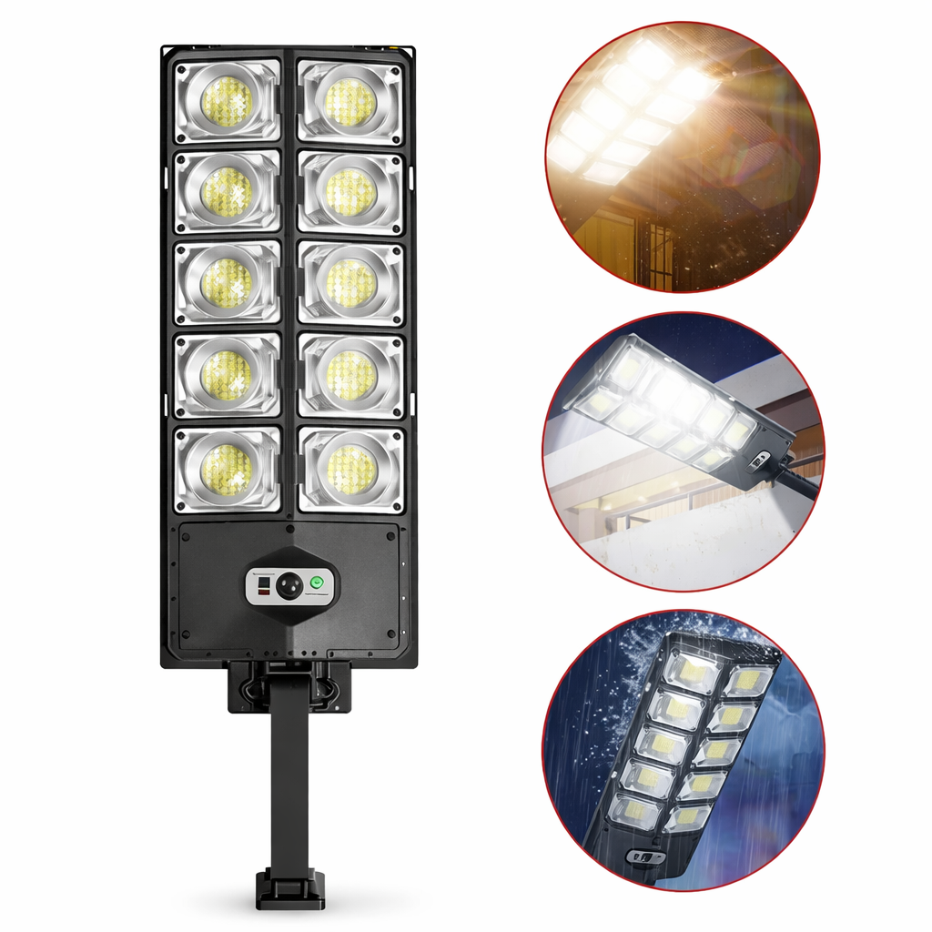 Lampa Solara VISURON – Proiector Exterior cu 420 LED-uri, 10 Casete, Panou Solar Integrat, Telecomanda & Senzor de Miscare, IP67