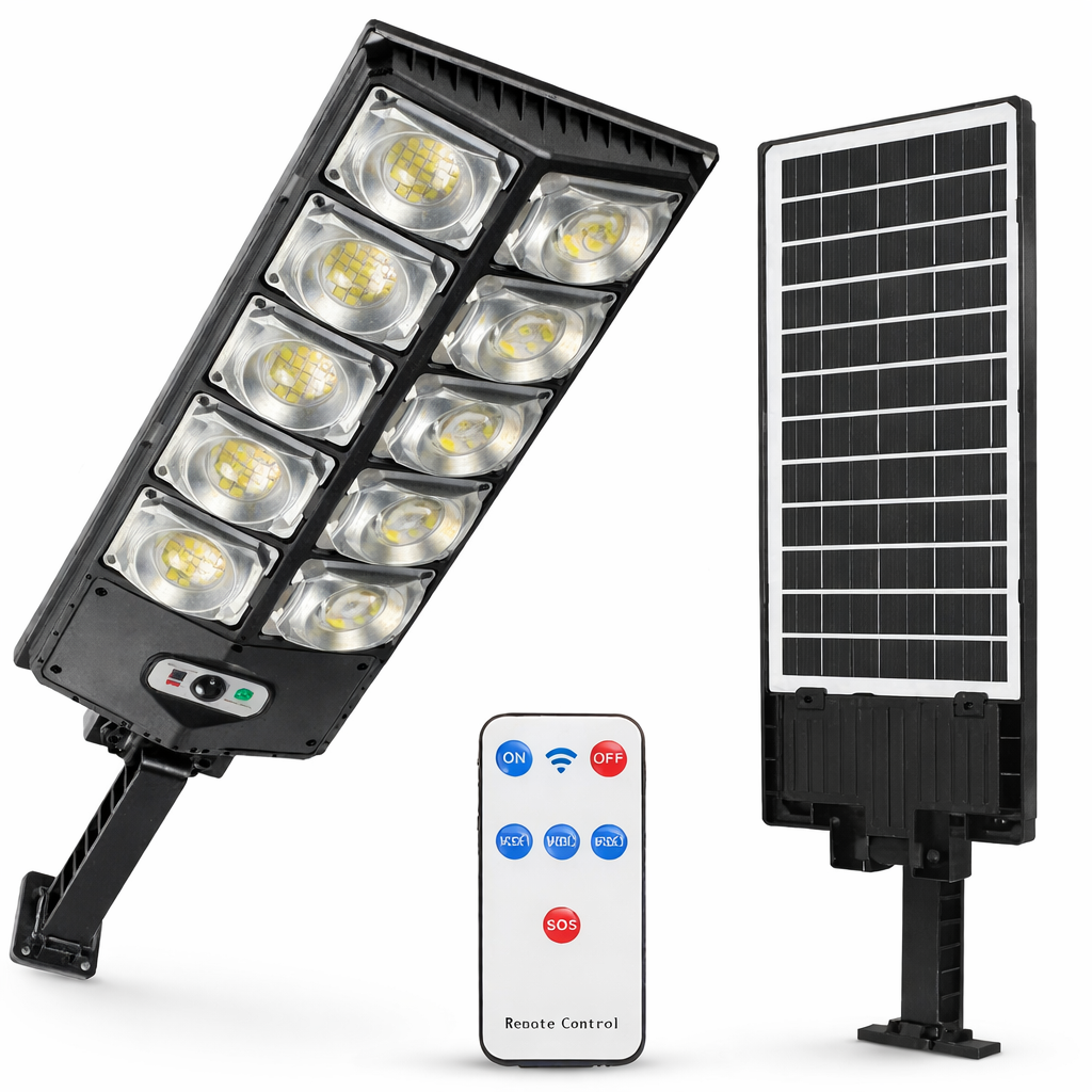 Lampa Solara VISURON – Proiector Exterior cu 420 LED-uri, 10 Casete, Panou Solar Integrat, Telecomanda & Senzor de Miscare, IP67