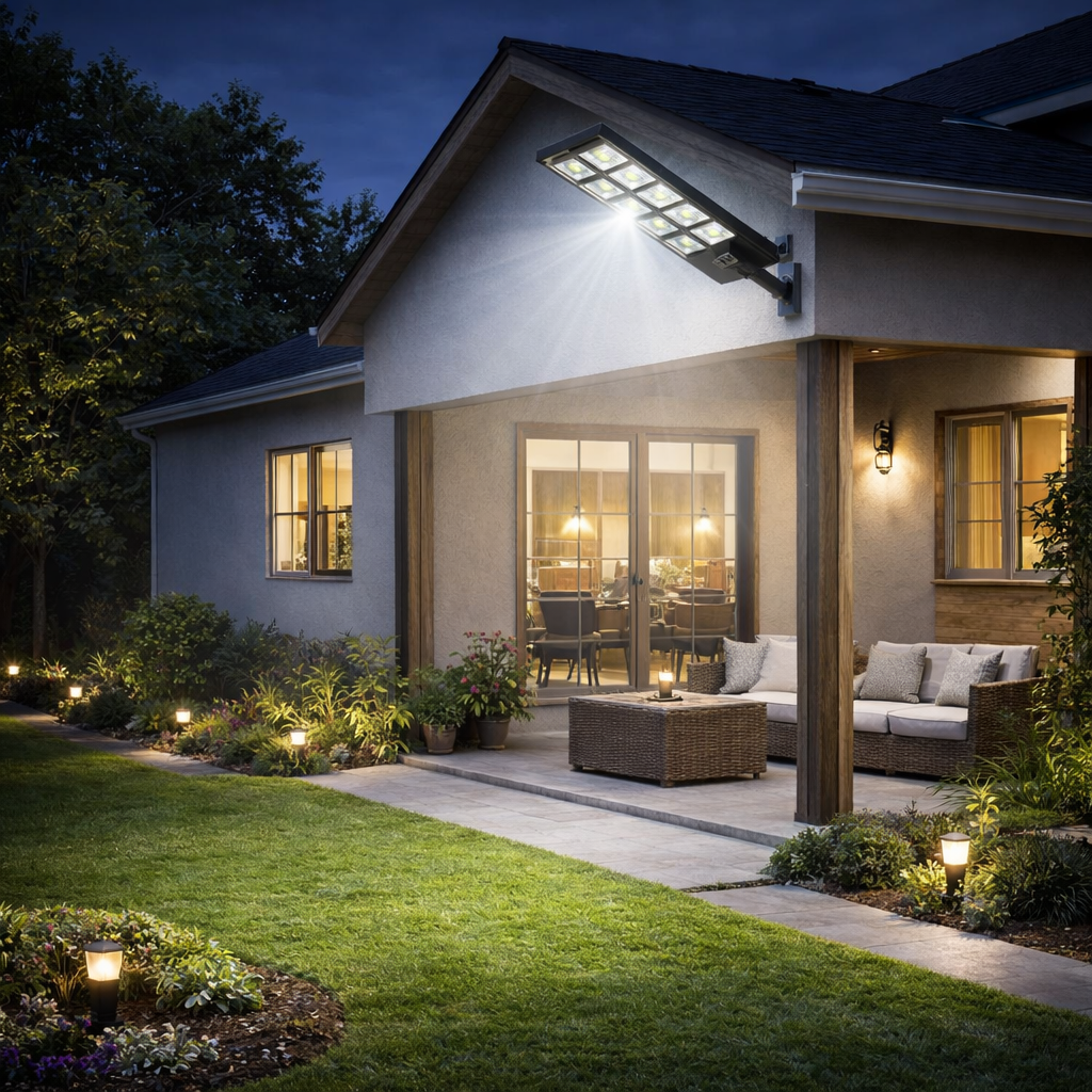 Lampa Solara VISURON – Proiector Exterior cu 420 LED-uri, 10 Casete, Panou Solar Integrat, Telecomanda & Senzor de Miscare, IP67